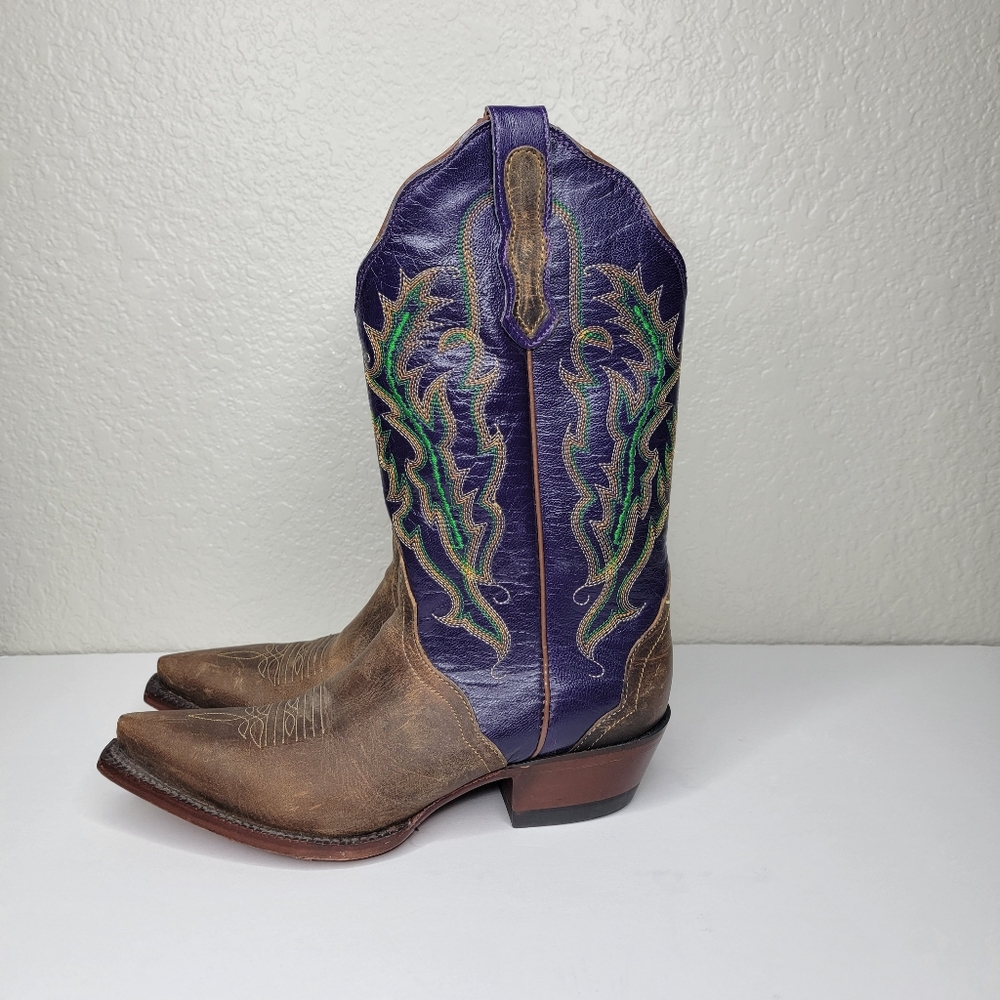 Vintage Nocona Women's Classic Brown & Purple Embroidered Leather Western Boots - Picture 6 of 12